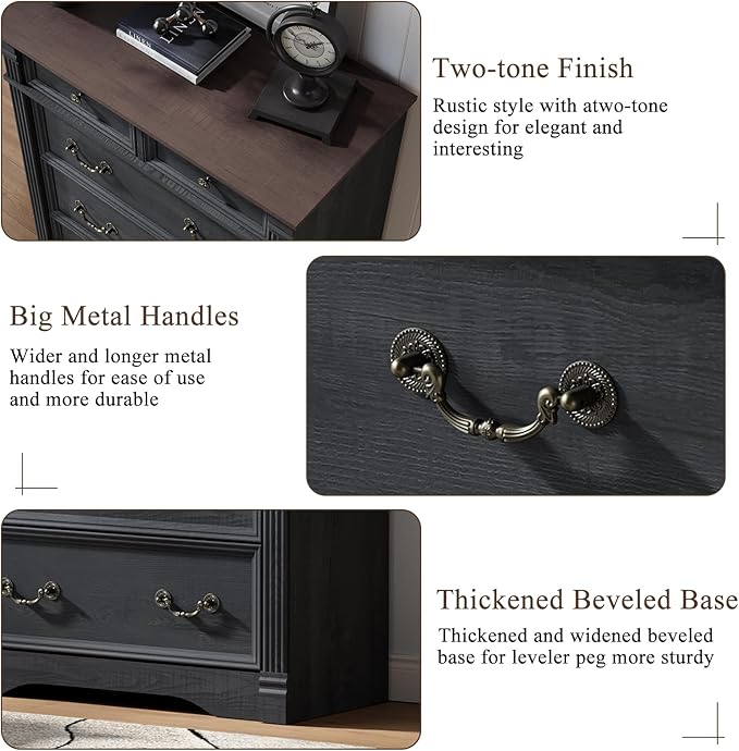 Yaamizz Farmhouse Dresser for Bedroom, 47" Tall 6 Drawer Dresser Storage with Wood Pilasters and Metal Handles, Vintage Design, Drawer Organizer for Bedroom, Hallway, Black