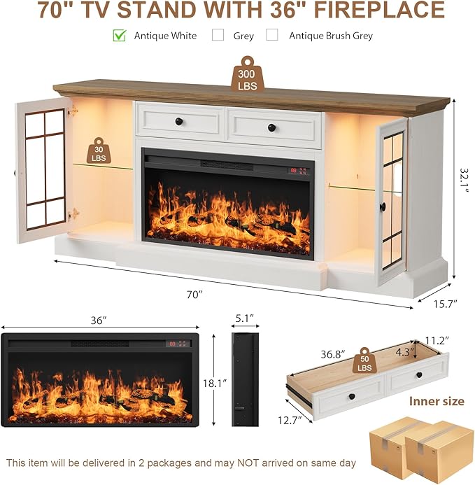 Fireplace TV Stand Up to 80" TVs, 70'' Modern Entertainment Center with 36" Electric Fireplace & LED Lights, Farmhouse Media Console with Storage Cabinet & Drawer for Living Room, Antique White