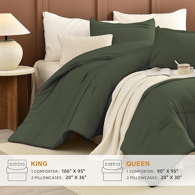Sanracie Cotton Comforter Set Queen Size(90"x 95"),Olive Green Color Pinch Pleated Bed Comforter for All Season,3Pcs Soft Breathable Bedding Comforter Sets