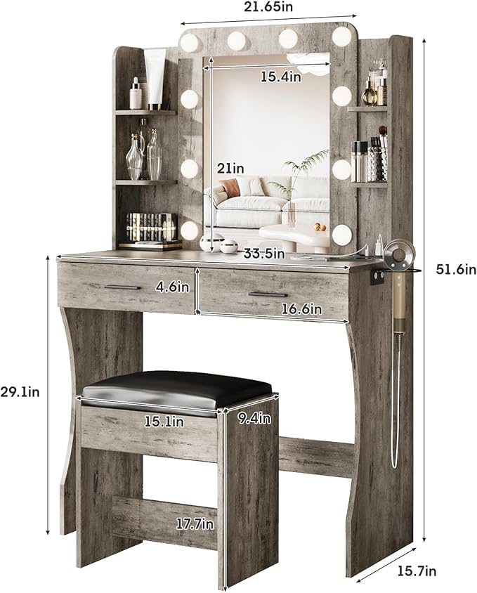 Maupvit Vanity Desk with Mirror and Lights,Makeup Vanity Table Set with Power Outlet,3 Lighting Modes & Adjustable Brightness Dressing Table with 2 Drawers for Bedroom Dressing Room,Light Oak Grey