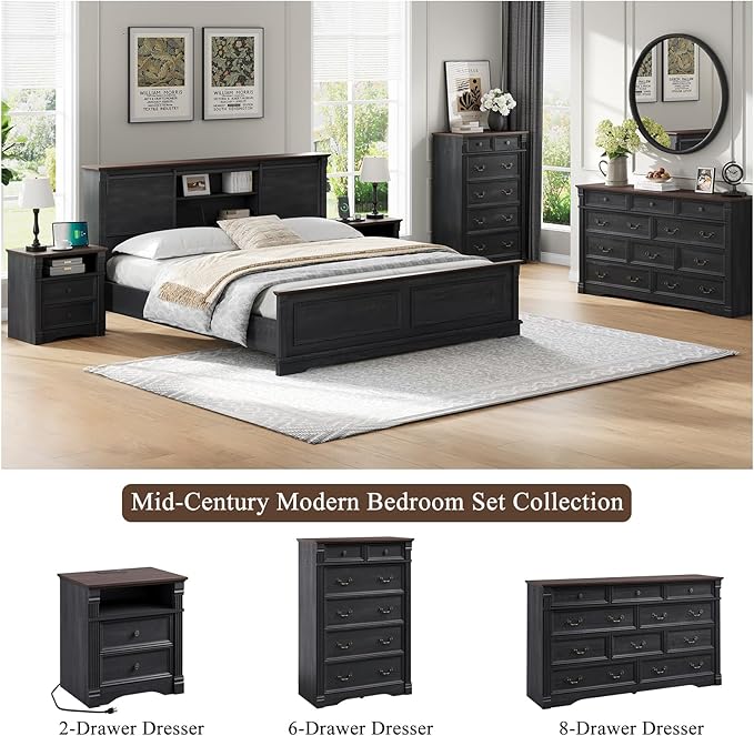 Black 6 Drawers Dresser, 47" Tall Dresser for Bedroom, Wood Rustic Tall Chest of Drawers with Chic Wood Pilasters, Farmhouse Dressers Organizer for Bedroom, Hallway