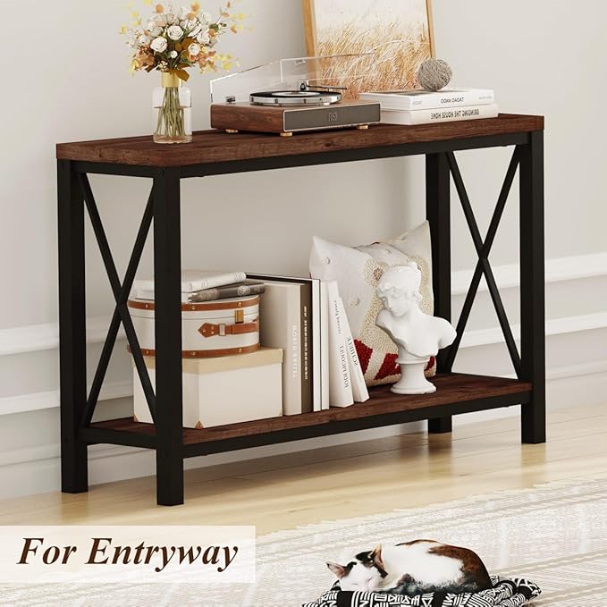 BON AUGURE 2 Tier Console Table for Entryway, Metal Wood Sofa Table Behind Couch for Living Room, Industrial Entry Tables for Hallway, Foyer, Front Door, Entrance (Rustic Oak, 47 Inch)