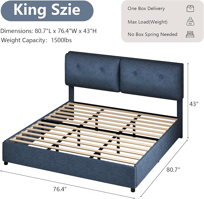 King Bed Frames,Breathable Boucle Fabric Upholstered Bed Frame with Headboard,Removable and Washable,Wood Slat Support,No Box Spring Needed,Easy Assembly,Navy Blue