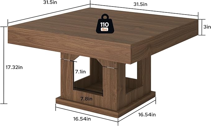 Square Coffee Table, Wooden Coffee Table with Storage and Cat House, Rustic Brown Cocktail Table for Living Room, Farmhouse Large Center Table