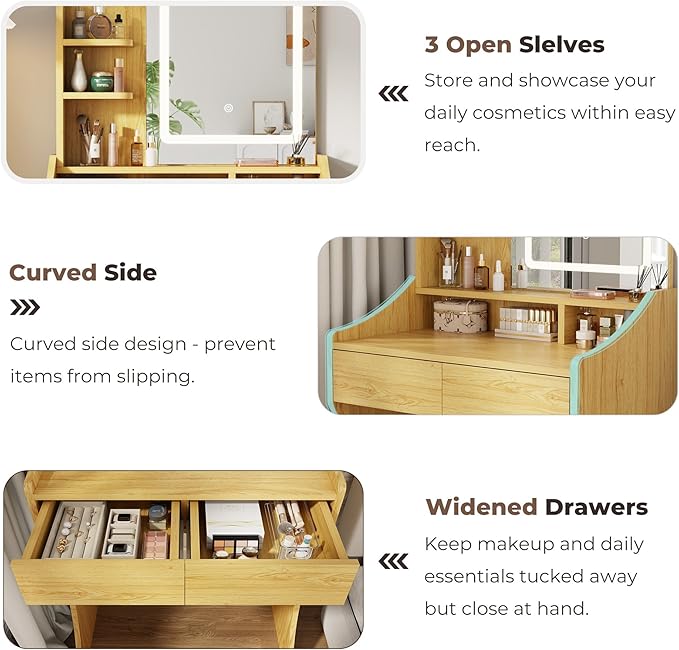 Small Vanity Desk, Makeup Vanity with Mirror and Lights, Vanity Desk with Drawer & 3 Storage Shelves, Wood Makeup Vanity Desk with Lights for Bedroom, Natural