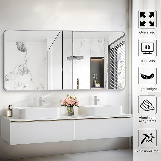 30x60 Inch Silver Bathroom Mirror, Large Rectangular Vanity Mirror, Metal Framed Rectangle Mirror, Rounded Corner Wall Mounted Mirrors for Living Room Bedroom Entryway Horizontal or Vertical