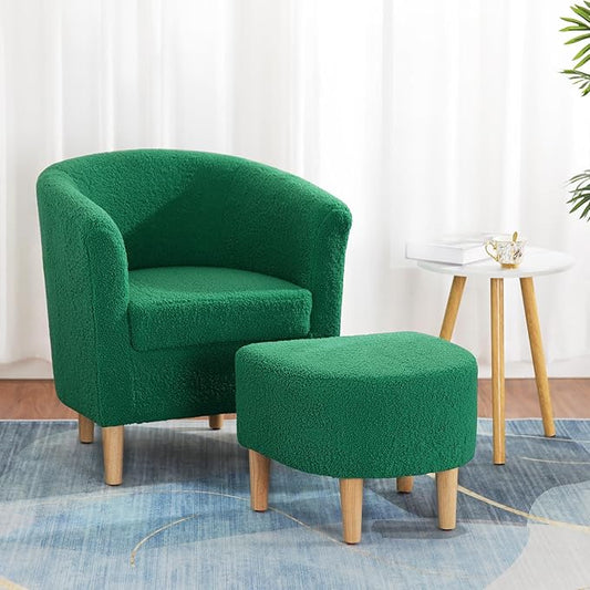 DAZONE Sherpa Accent Chair with Ottoman, Forest Green Cozy Barrel Armchair for Adults, Upholstered Living Room Chair with Footrest, Small Space Reading Chair for Bedroom, Apartment, Home Office