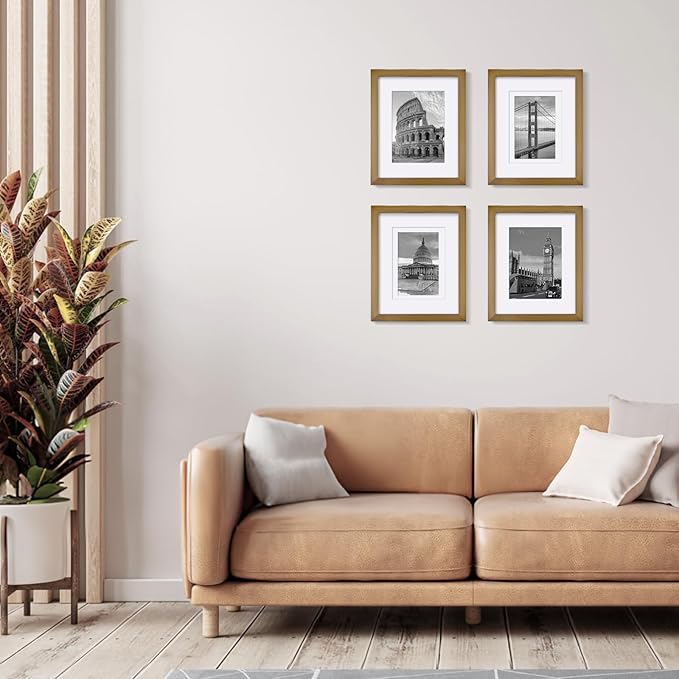 Egofine 8x10 Picture Frame Made of Solid Wood with Plexiglass, Display Pictures 4x6/5x7 with Mat or 8x10 without Mat, for Table Top and Wall Mounting Photo Frame, Light Brown