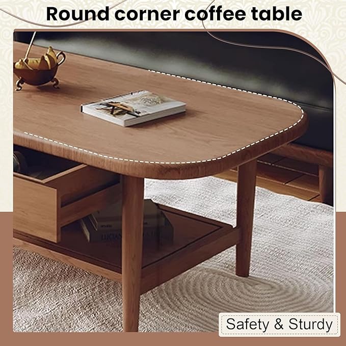 Solid Wood Coffee Table with Drawers, Real Oak Wood Table with Storage,47.2" Mid Century Modern Coffee Table for Living Room Unique Farmhouse Style