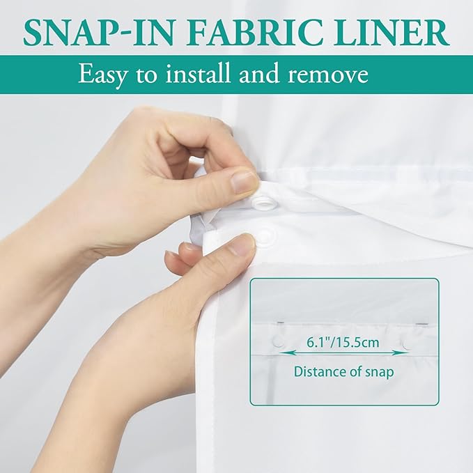 No Hook Ombre Light Grey Striped Long Shower Curtain with Snap in Fabric Liner Set - Hotel Shower Curtain and Liner Set with See Through Mesh Top Window,Machine Washable, 71x86 INCH