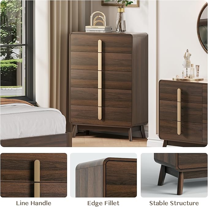 Dresser for Bedroom with 5 Drawers,Mid Century Modern Dresser with Storage,31" Wide Modern Chest of Drawers with Metal Handles,Large Wood Drawer Organizer for Bedroom,Living Room,Walnut
