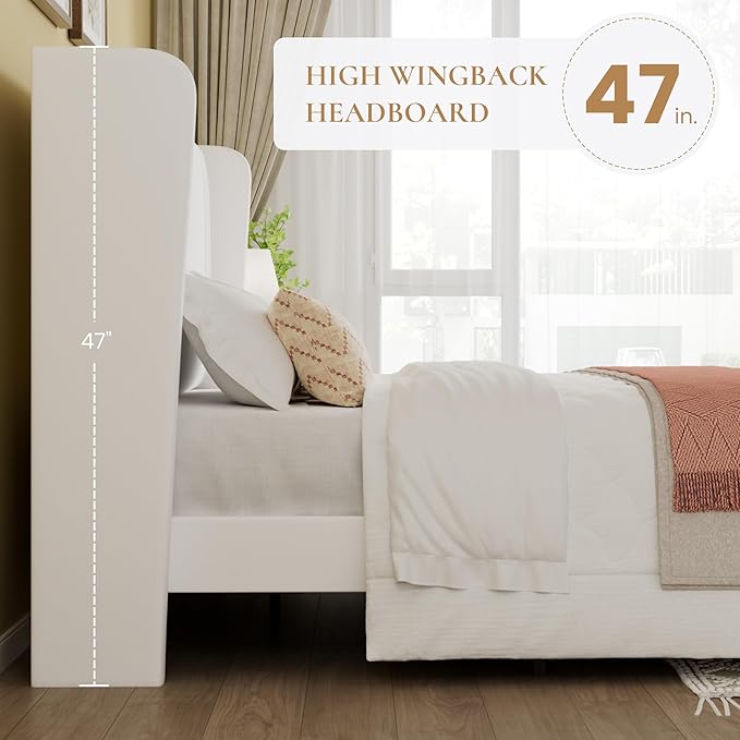 SHA CERLIN King Size Velvet Upholstered Platform Bed Frame with Vertical Channel Tufted Wingback Headboard, Wooden Slats Support, Easy Assembly, Under Bed Storage, No Box Spring Required, White