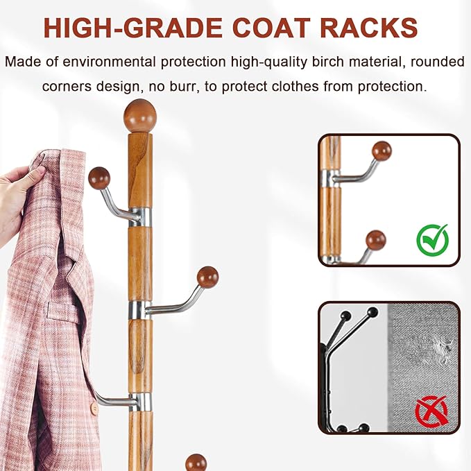 Coat Racks Freestanding, Natural Wood Coat Stands with 6 Hooks, 68" Heavy Duty Adjustable Height Vintage Hall Tree for Entryway, Bedroom, Office, Easy Assembly (Solid Wood Metal Hook)