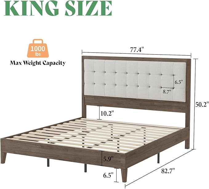 AMERLIFE King Size Solid Wood Bed Frame with Tall Tufted Headboard, Mid-Century Style, No Box Spring Required, Easy Assembly, Ash Gray