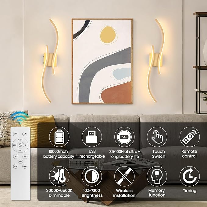 Battery Operated Wall Sconces with Remote Control, Rechargeable Dimmable Touch Wall Sconces Set of Two, 3000K-6500K LED Wireless Wall Light for Living Room Bedroom Hallway,31.5inch(Gold)