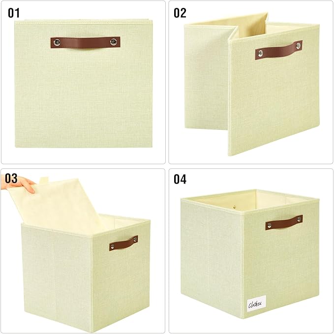 Collapsible Fabric Storage Cube Bins with 2 Reinforced PU Handles, Foldable Storage Organizer Baskets for Closet, Shelves, Living Room | 13"x13"x13", 4 Pack, Full Beige