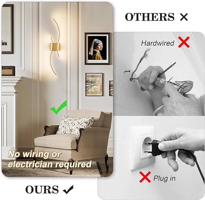 Battery Operated Wall Sconces Set of Two with Remote Control, Stepless Colors 3000K-6000K & Dimming, LED Gold Wireless Wall Light for Living Room, Hallway, Bedroom, 27.5 Inch (2 Pack)