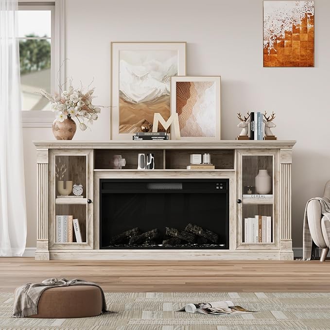 Farmhouse Fireplace TV Stand Up to 80" TVs, 70" Modern Highboy Entertainment Center with 36" Electric Fireplace & LED Lights, Media Console with Adjustable Shelves for Living Room, Antique Brush Gray