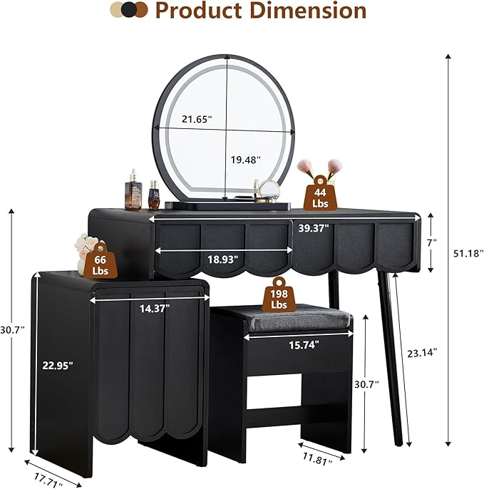 ORRD Vanity Desk with Mirror and Lights, Modern Wood Wave Panel Vanity Desk Set Makeup Table with Drawers and Cabinet, Dressing Table with Storage for Bedroom, Black