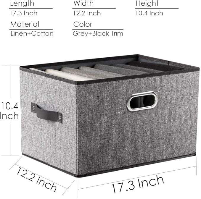 PRANDOM Larger Collapsible Storage Bins for Closet [5-Pack] Decorative Linen Fabric Storage Baskets Cubes with Leather/Metal Handles for Living Room Grey (17.3x12.2x10.4 Inch)