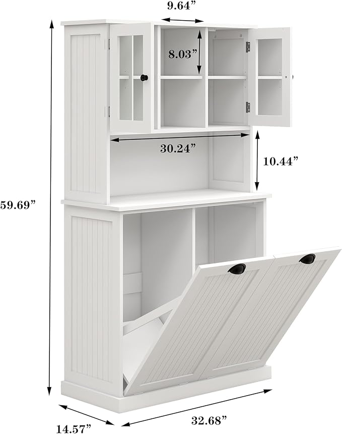 Tall Bathroom Laundry Cabinet with Tilt Out Laundry Hamper, Laundry Room Storage Cabinet with Two Glass Doors, Display Shelves, White (32.68" W x 14.57" D x 59.69" H)