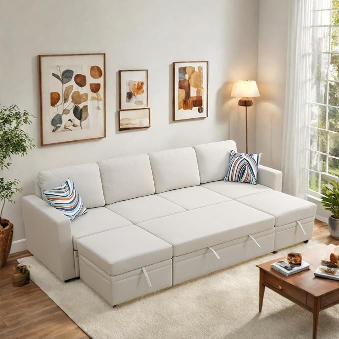 102 Inch L Shaped Sectional Couch with Pull Out Bed, 6-Seat Sleeper Sofa with Storage Ottoman, Convertible Sofa Bed for Living Room, Apartment, Off White