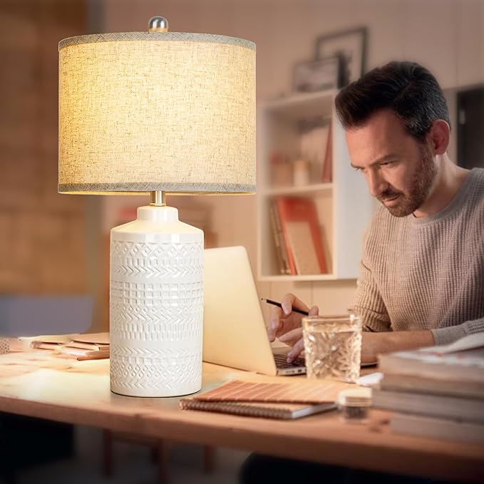 White Ceramic Table Lamp with Beige Shade: 3-Way Dimmable Night Stand Light Lamp 24.5" Modern Table Lamps for Living Room Bedroom End Table Office Entryway Lamps (Bulb Included