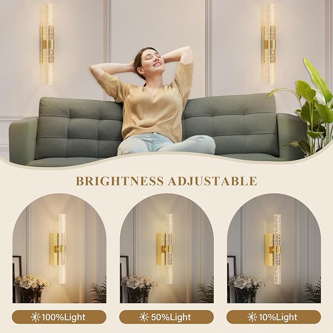 Battery Operated Gold Wall Sconces Set of 2 Rechargeable Battery Powered Wall Light with 12000mAh Not Hardwired Dimmable Wall Lamp Fixtures for Bedroom Living Room 20.9 Inches