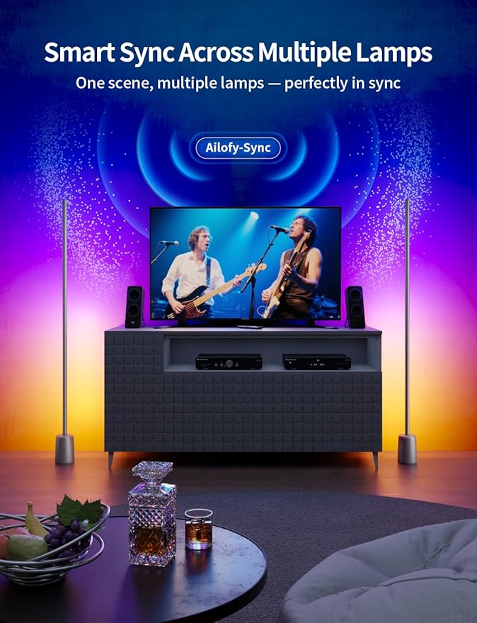 Ailofy Corner Floor Lamp, 1500lm RGBW Corner Lamp Work with Alexa & Google Assistant, 16 Million DIY Colors, Sync with Music, App Control, Modern LED Floor Lamp for Living Room & Bedroom, Black