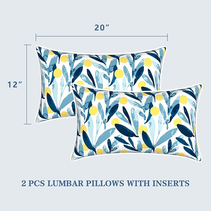 LVTXIII Set of 2 Outdoor Lumbar Pillows for Patio Furniture with White Piping, 12"x20" Fade Resistant Patio Lumbar Pillows with Inserts for Home Coach Sofa Use, Leaves Multi