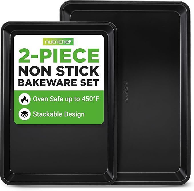 NutriChef 2-Piece Black Non-Stick Cookie Sheet Baking Tray Set - Versatile & Durable Carbon Steel Bakeware Sets, Stackable & Easy-Clean, NC2TRBL
