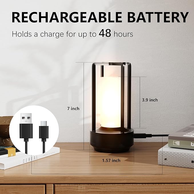 Table Lamp, Portable Cordless Rechargeable LED Lamp, 3-Colour Dimming Metal Bedside Lamp, Small Desk Lamp for Bedroom and Outdoor Use, Ideal for Restaurants, Bars, Coffee Shops and Camping