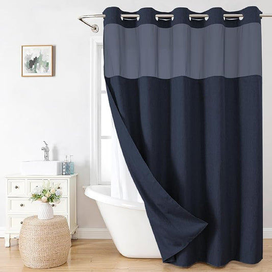 No Hooks Needed Linen Textured Shower Curtain with Snap-in Fabric Liner Set,Hotel Luxury Decor Waterproof Shower Curtains for Bathroom with Mesh Top Window,Washable,71Wx74H,Navy Blue