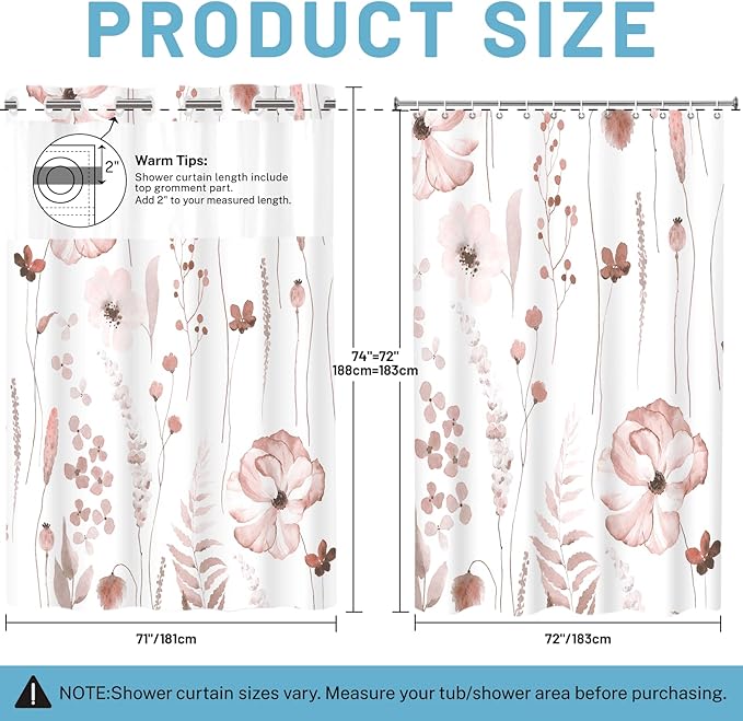 No Hook Shower Curtain with Snap in Liner - Floral Shower Curtain - Fabric Waterproof Inner Liner, Plants Watercolor Blush Modern Cloth Shower Curtains - Machine Washable, 71 x 74