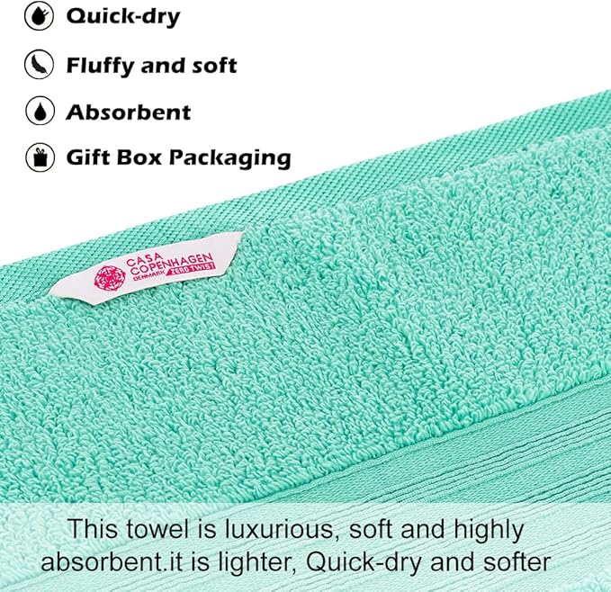 CASA COPENHAGEN Zero Twist, 6 Pieces Set 100% Cotton 0" Twist Towel Set- Aqua Blue, 600 GSM, 2 Bath, 2 Hand, 2 Washcloths Made from Egyptian Cotton, Ultra Soft Luxury Towels for Bathroom.
