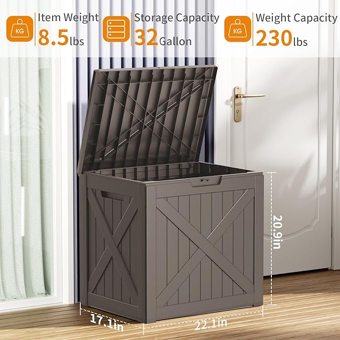 Resin Deck Box - 32 Gallon Lockable Outdoor Storage, Water-Resistant Indoor/Outdoor Bin for Package Delivery, Patio Cushions, Gardening Tools