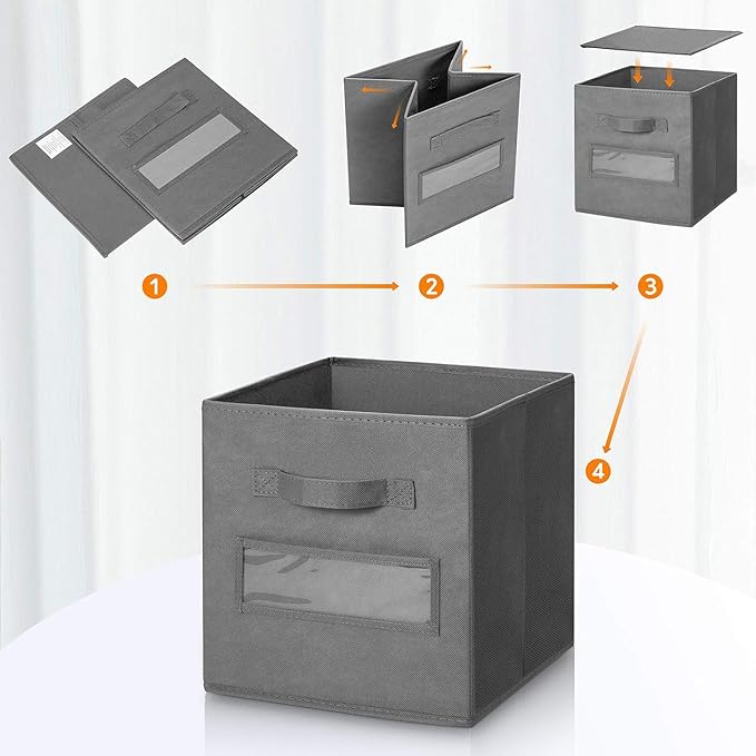 artsdi 13x13x13 storage cube bins (Set of 10) Fabric storage cubes with 10 Labels Window Cards & a Pen, storage cubes 13x13, Collapsible 13 inch cube storage bins, Cubby Organizer Boxes, Gray
