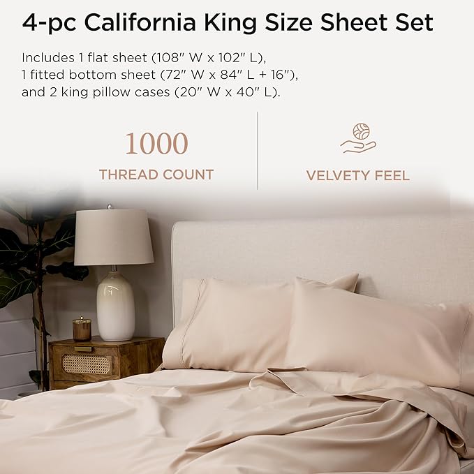 Threadmill Supima 1000 Thread Count Soft Cotton Cal King Bed Sheets, 4 Pc Beige Set, Elasticized Deep Pocket Cal King Sheets