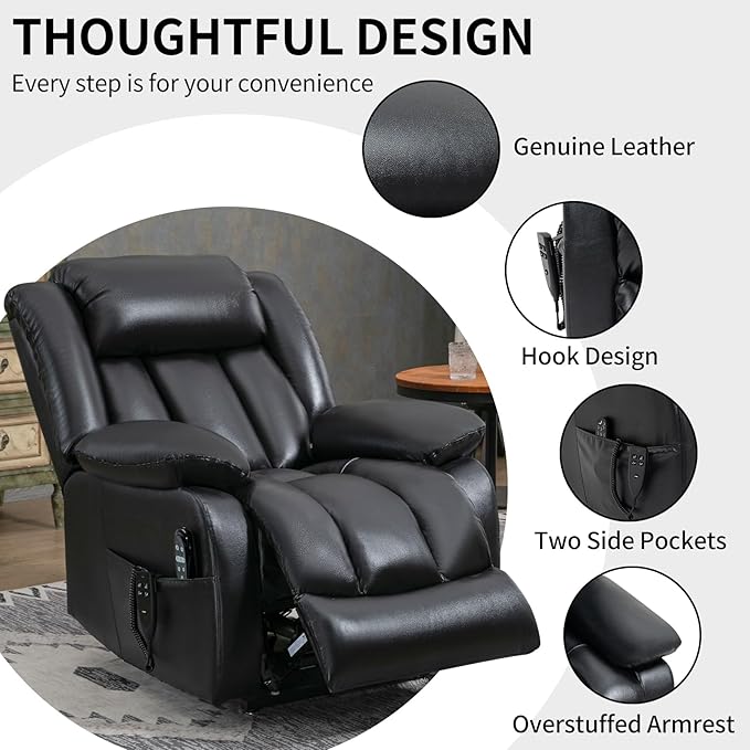 Dual Motor Large Recliner with Massage and Heat, Power Lift Chairs for Elderly, Leather Recliner Chairs for Adults with 2 Remote Controls, Black Big and Tall Recliner