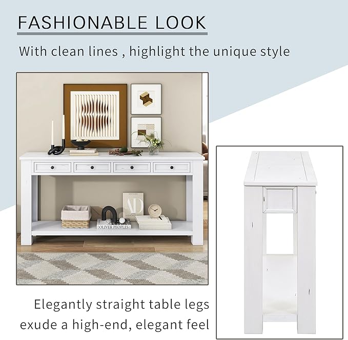 White Console Table,Solid Wood Sofa Table with 4 Drawers Hallway Table for Storage Entry Foyer Behind Couch Table,Fully Assembled (63" White)