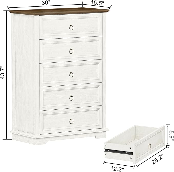 5 Drawer Dresser, Chest of Drawers with Double Anti-Tip, Modern Tall Dresser Organizer for Bedroom, Living Room & Hallway – Easy Assembly Storage Cabinet, White