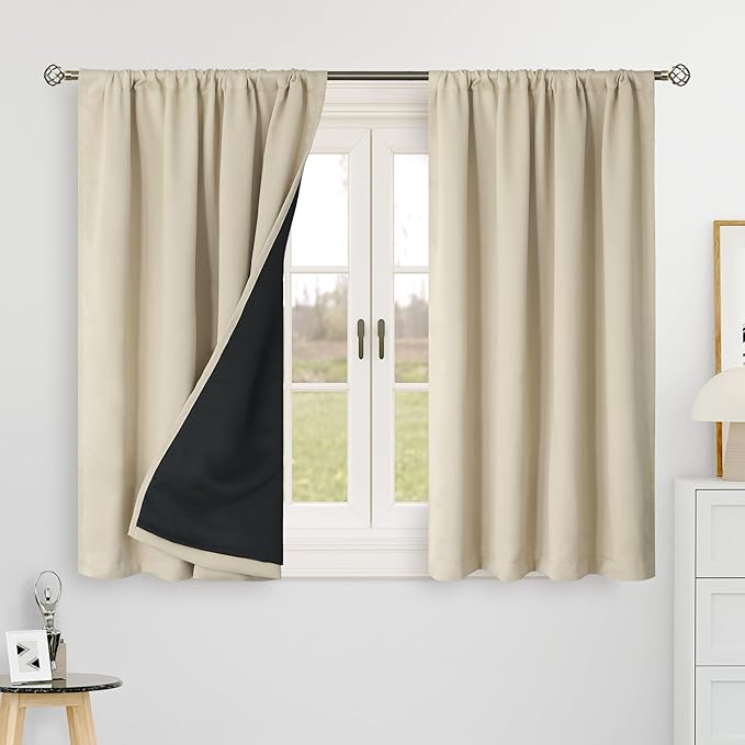 BGment 100% Blackout Curtains 40 Inch Length for Cafe, Rod Pocket and Back Tab Double Layer Thermal Insulated Full Room Darkening Bedroom Kitchen Curtains, 2 Window Panels, 42 x 40 Inch，Beige