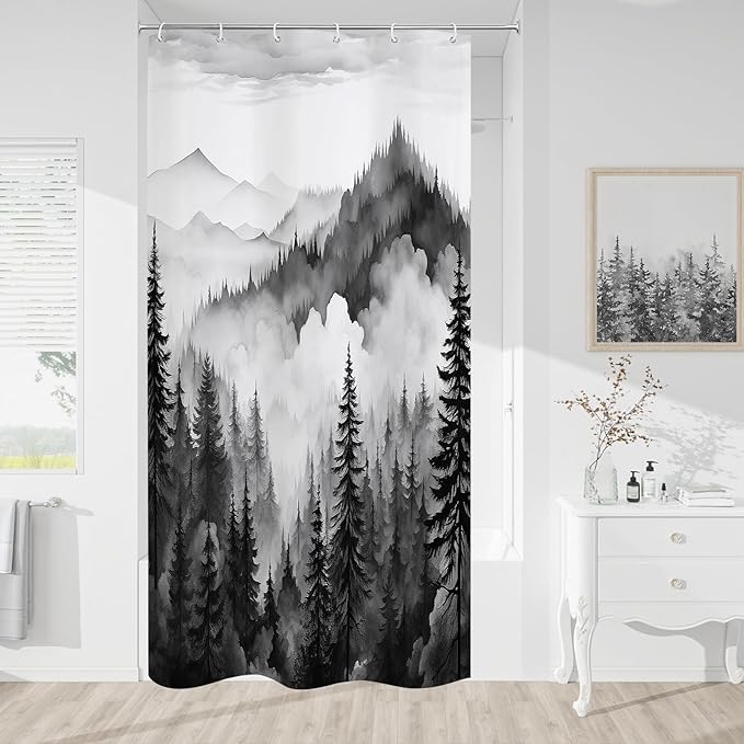 Black Small Stall Misty Pine Forest Shower Curtain 36 x 72, Mountain Foggy Woodland Scenery Tree Narrow Half Size Shower Curtains for Bathroom, Abstract Waterproof Nature-Themed Decor