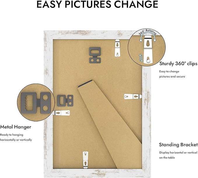 6x9 Picture Frame with Glass, Display Pictures 5x8 with Mat or 6 x 9 without Mat - Wall and Tabletop, 6 by 9 Photo Wooden Frames (Distressed White, 1 Pack)