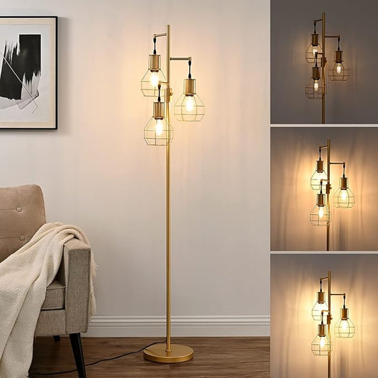 EDISHINE Industrial Dimmable Floor Lamp Gold, Farmhouse Standing Lamp for Living Room with 3 LED Edison Bulbs, Modern Tall Standing Corner Lamp with Metal Diamond Cage for Bedroom, Office