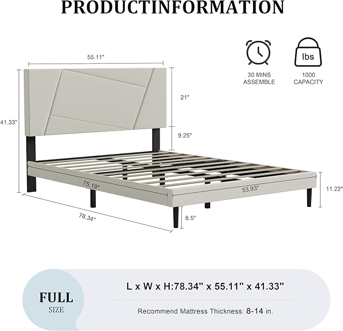 Full Size Bed Frame, Full Platform Bed Frame with Velvet Upholstered Headboard, Geometric, Sturdy Frame and Wooden Slats, Noiseless, No Box Spring Required, Easy to Assemble，Beige