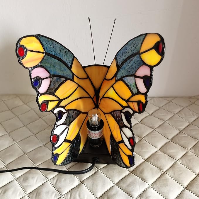 Bedside Table Lamp LED Tiffany Table Lamps Yellow Butterfly Stained Glass Shade ON Off Switch Night Light Side Table lamp for Living Room Bedroom Farmhouse Mothers Day Gifts