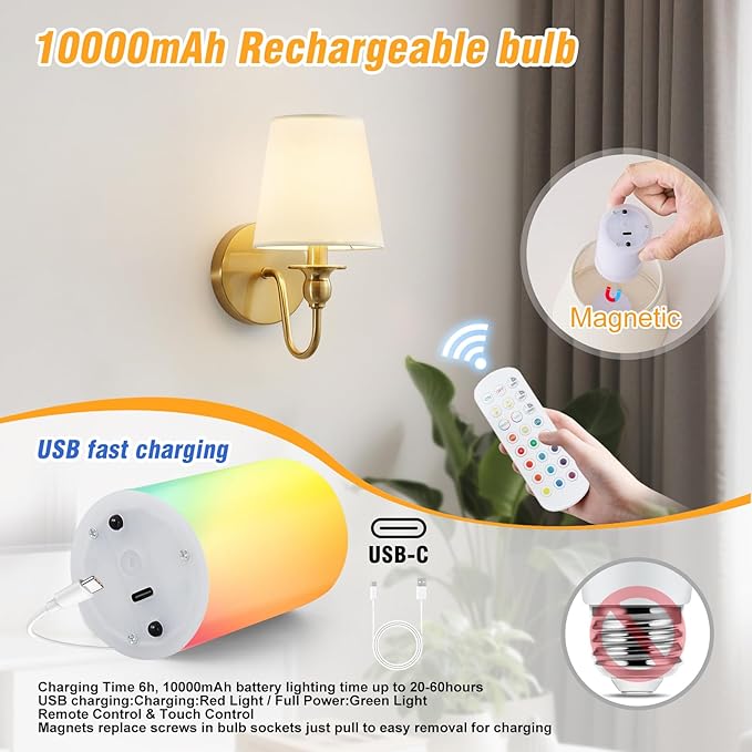 Battery Operated Wall Sconces set of Two,Wireless Wall Sconces with 10000mAh Dimmable Bulb and Remote,LED 15 Colors Rechargeable Gold Wall Sconce with Fabric for Bedroom Living Room Hallway Wall Decor