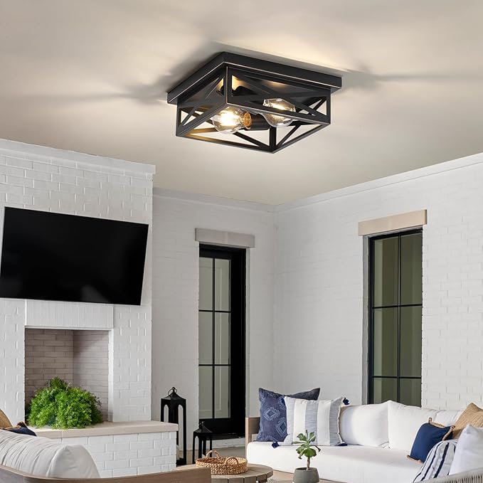 Farmhouse Flush Mount Ceiling Light for Kitchen,2-Light Modern Rustic Metal Finish Industrial Kitchen Ceiling Light Fixture for Bedroom, Hallway Entryway(Black & Gold Border)