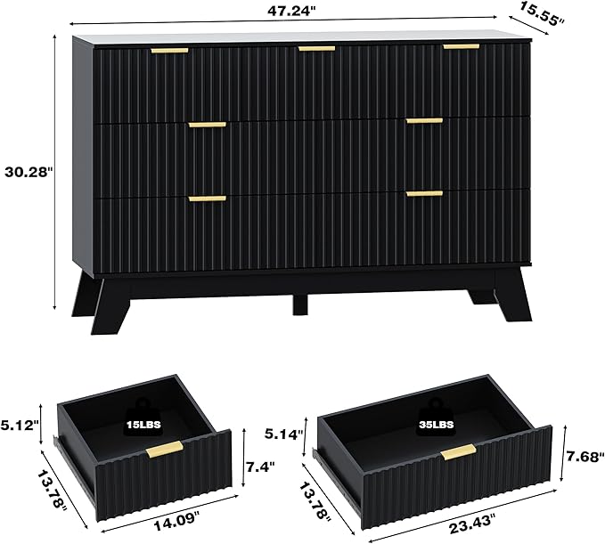 Fluted Dresser for Bedroom with 7 Drawer, Mid Century Modern Chest of Drawers, 48" Wide Natural Wood Dresser for Closet, Wooden Boho Chest Closet Storage TV Stand for Bedroom, Black